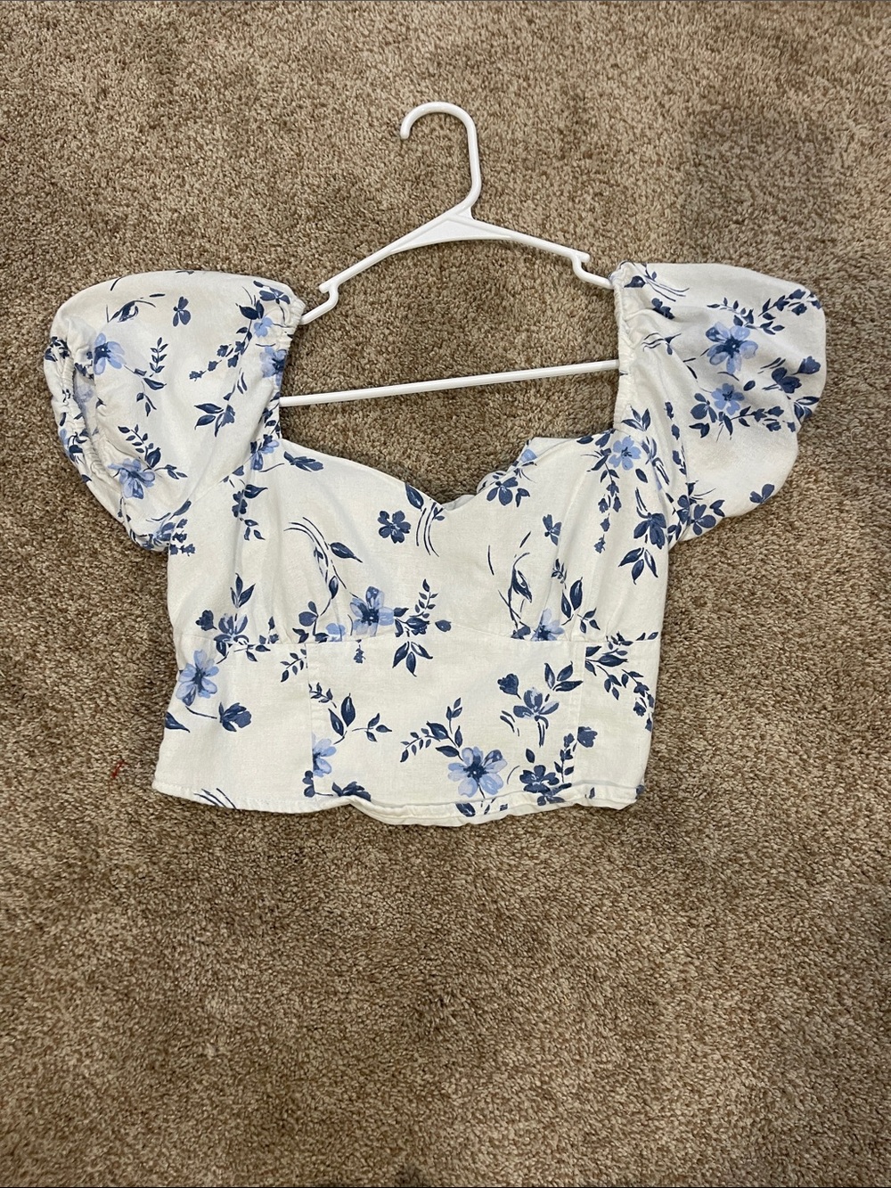 Hollister Women's Blue Floral Puff-Sleeve Crop Top festival boho m